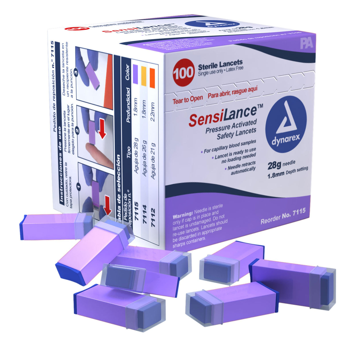 dynarex SensiLance™ Safety Lancet, 28 Gauge, 1.8 mm Depth, Pressure-activated, CS/1000