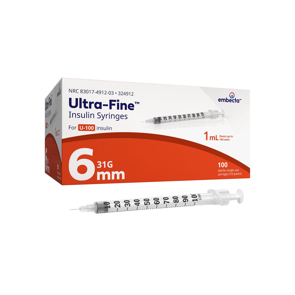 SYRINGE/NDL, INSULIN 1ML 31GX6MM (100/BX 5BX/CS), BX/100