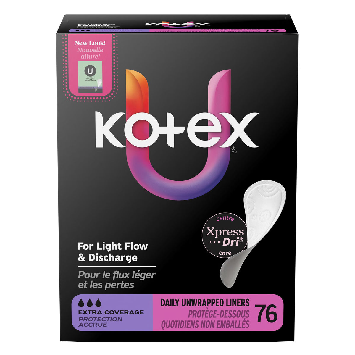 LINER, KOTEX PREM XCVRG FLAT CORE (76/PK 4PK/CS), PK/76