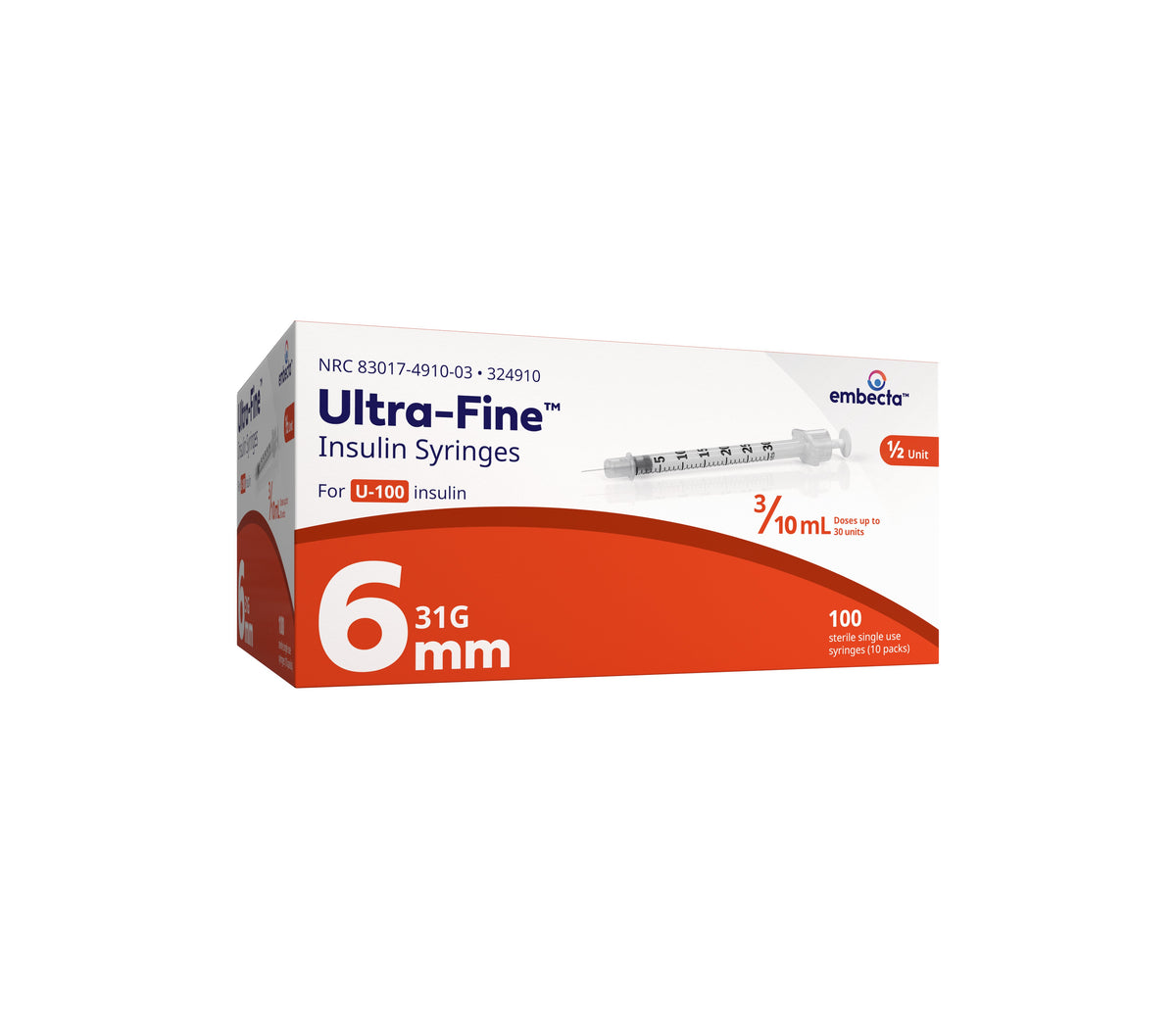 Ultra-Fine Insulin Syringe with Half-Unit Scale 31G x 6 mm, 3/10 mL (100 count)