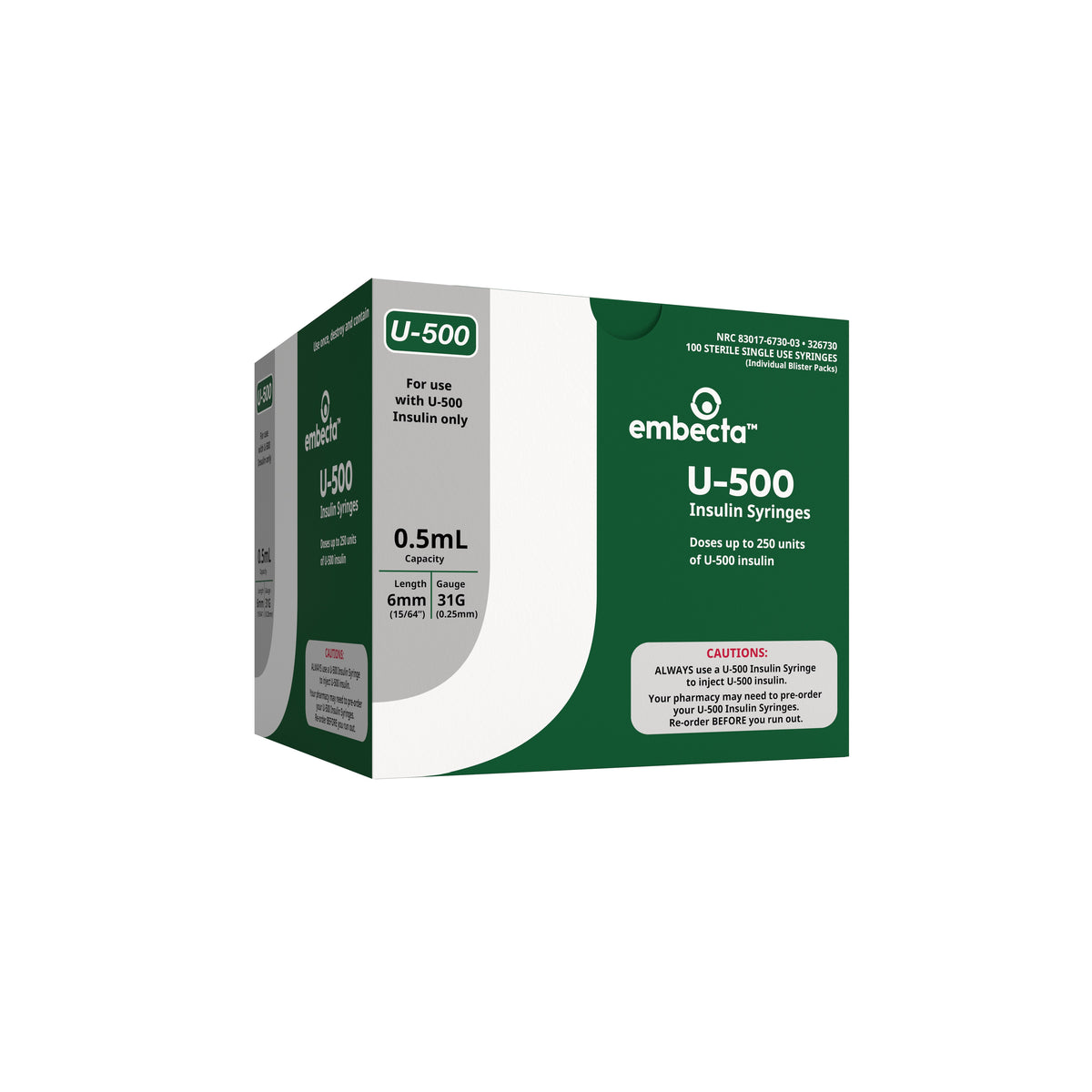 Ultra-Fine U-500 Insulin Syringe 31G x 6 mm, 1/2 mL (100 count)