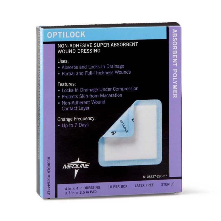 OptiLock Non-Adhesive Super Absorbent Wound Dressing, 4" x 4" with 3.3" x 3-1/2" Pad - Replaces 60MSC6444EPZ