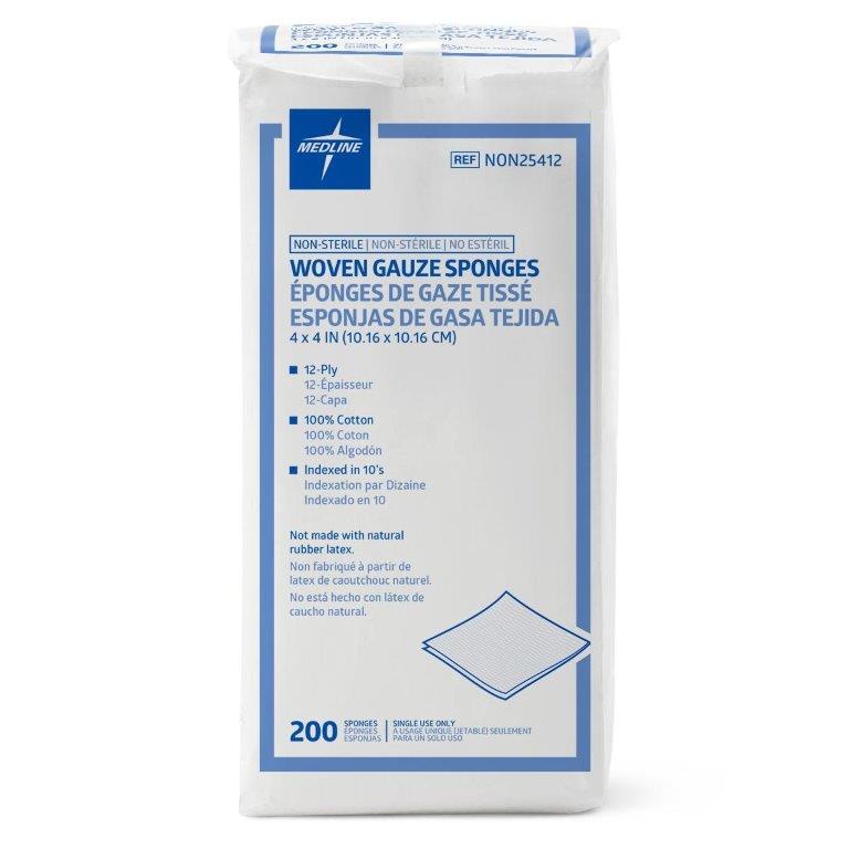 Medline Woven Non-Sterile Gauze Sponge, 4" x 4", 12-Ply - Replaces 6025412H
