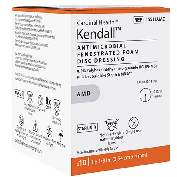 Cardinal Health Kendall AMD Antimicrobial Foam Discs, 1" Diameter, 4 mm Hole