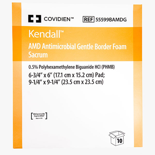 Cardinal Health Kendall AMD Antimicrobial Foam Border Gentle Silicone Adhesion Dressing, Sacrum Large, 9.25" x 9.25"