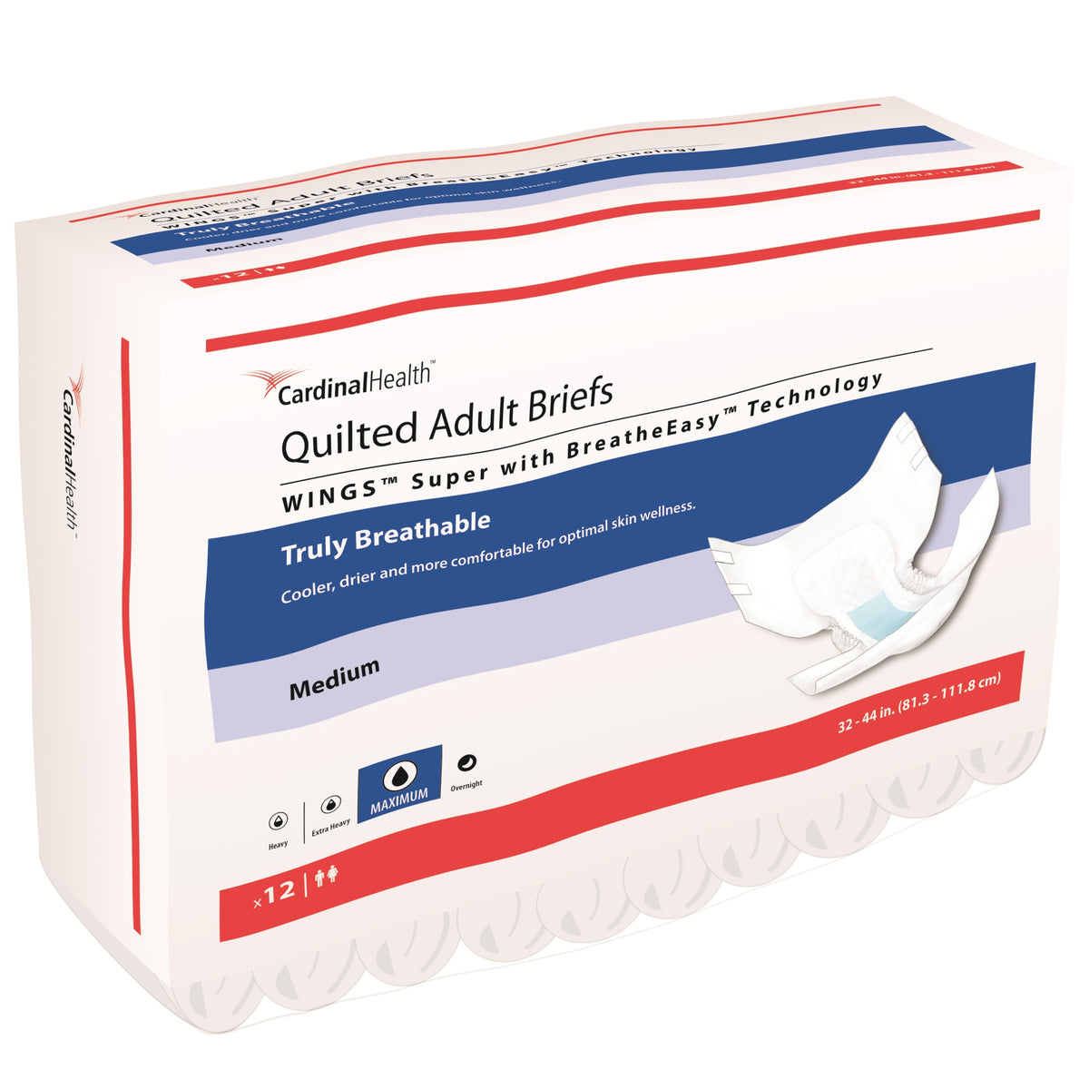 Cardinal Health WINGS Super Quilted Brief with BreatheEasy Technology, Medium, 32" - 44", 12 ct
