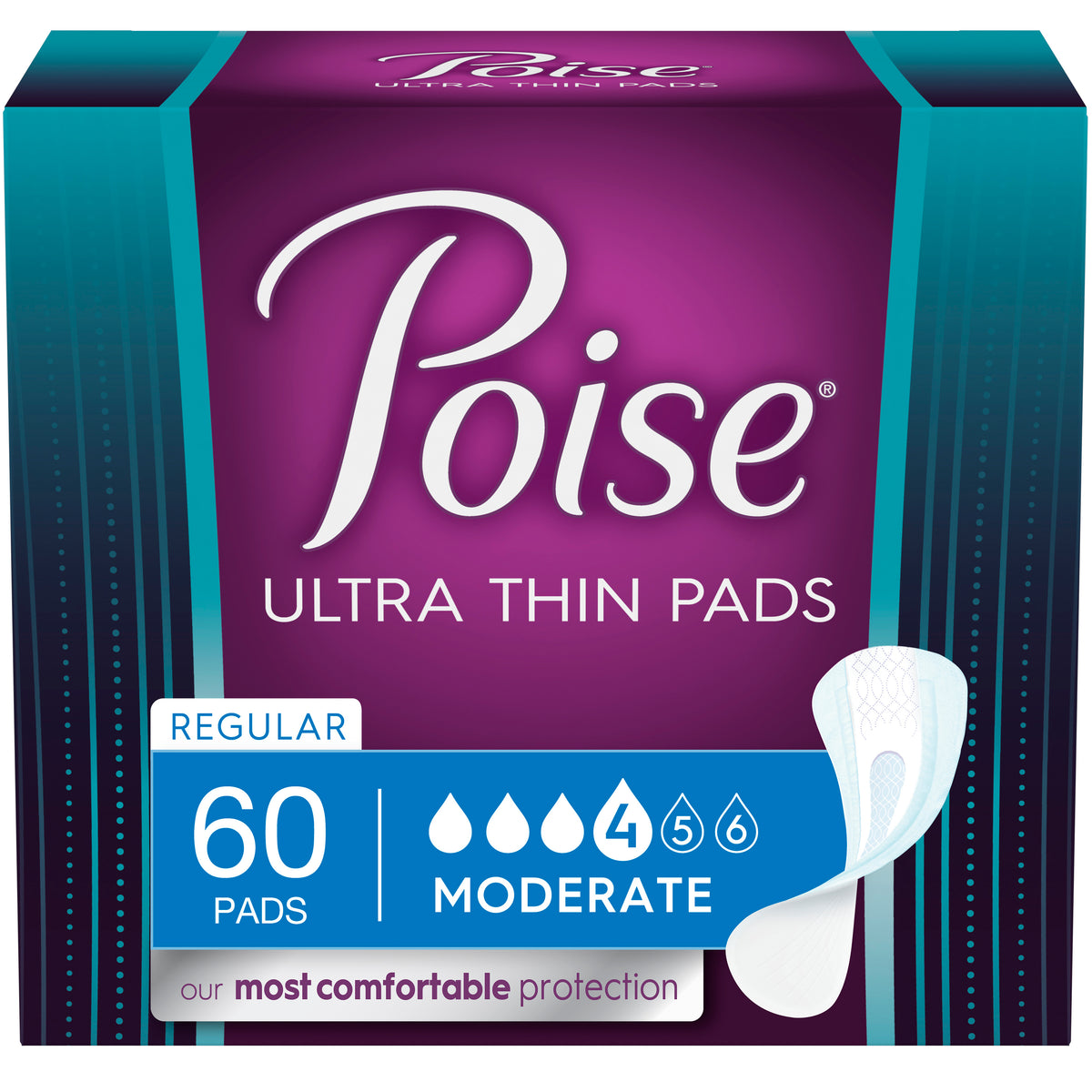 Poise Ultra Thin Incontinence Pads, Moderate Absorbency, 60 Count, Regular Length, 10.24" Long