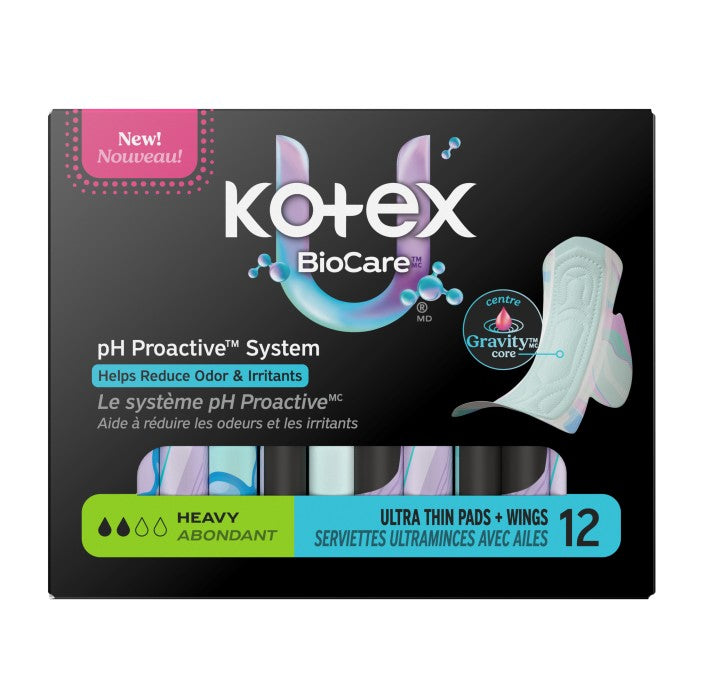 Kotex BioCare Ultra Thin Pads with Wings, Heavy Absorbency, 12 ct