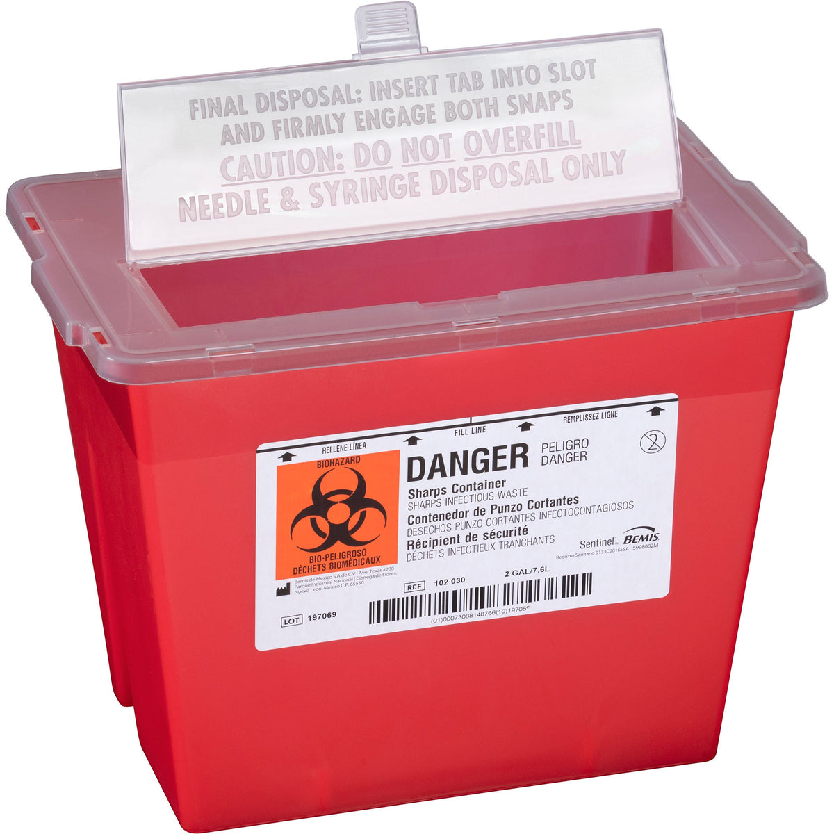 Bemis™ Sentinel Sharps Container, 2 Gallon, 8-5/8 x 11-5/8 x 7-3/4 Inch, EA/1