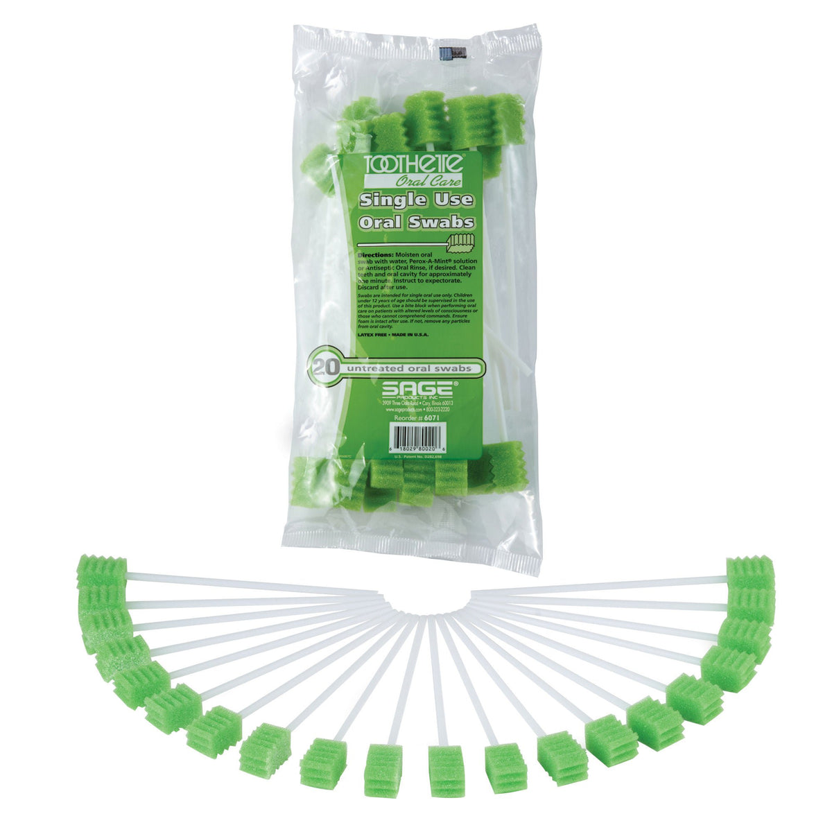 Toothette Plus Oral Swabsticks Foam Tip Untreated, 6-Inch Length, Green, CS/50