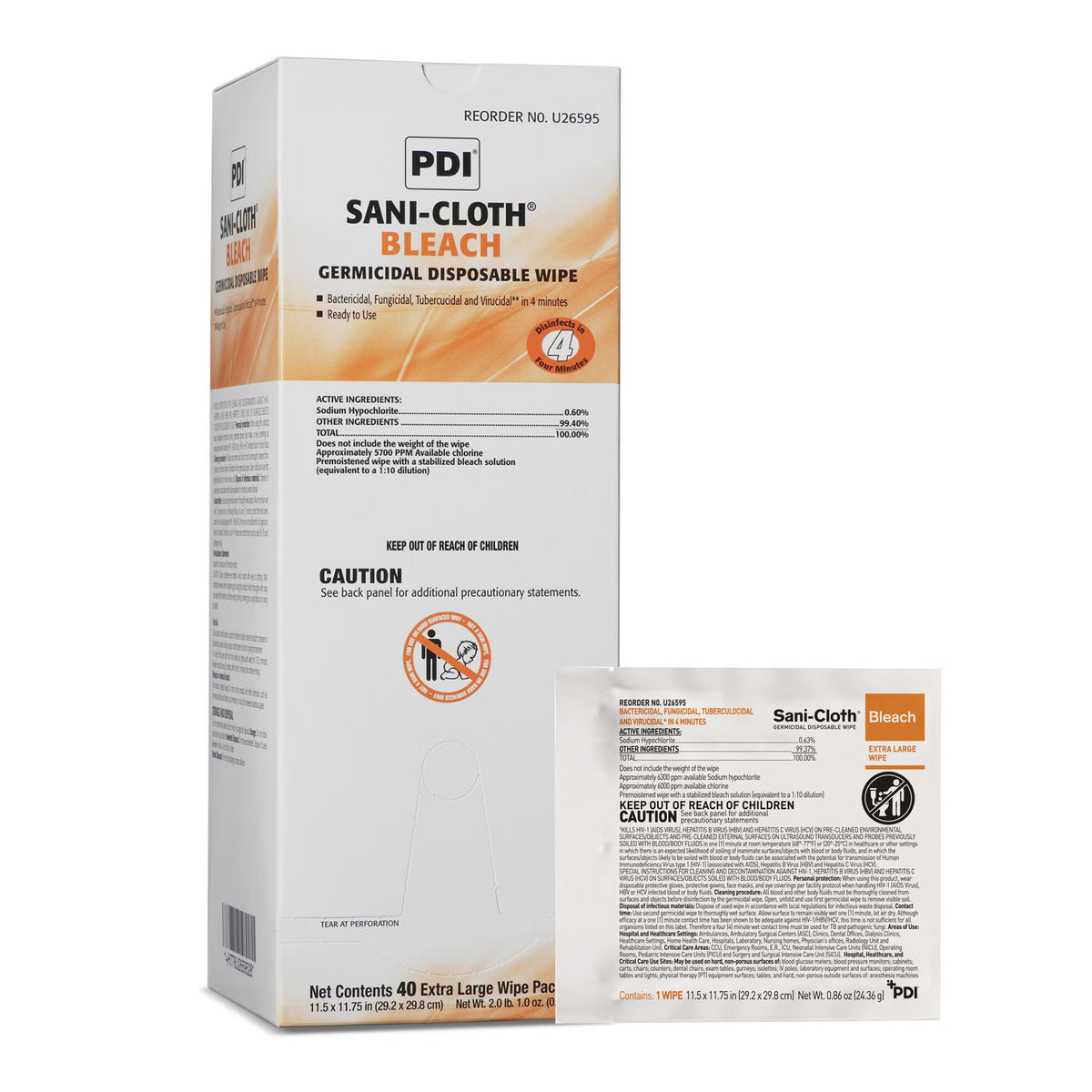 Sani-Cloth® Surface Disinfectant Cleaner Bleach Wipe, 11.5 x 11.75 Inch, BX/40