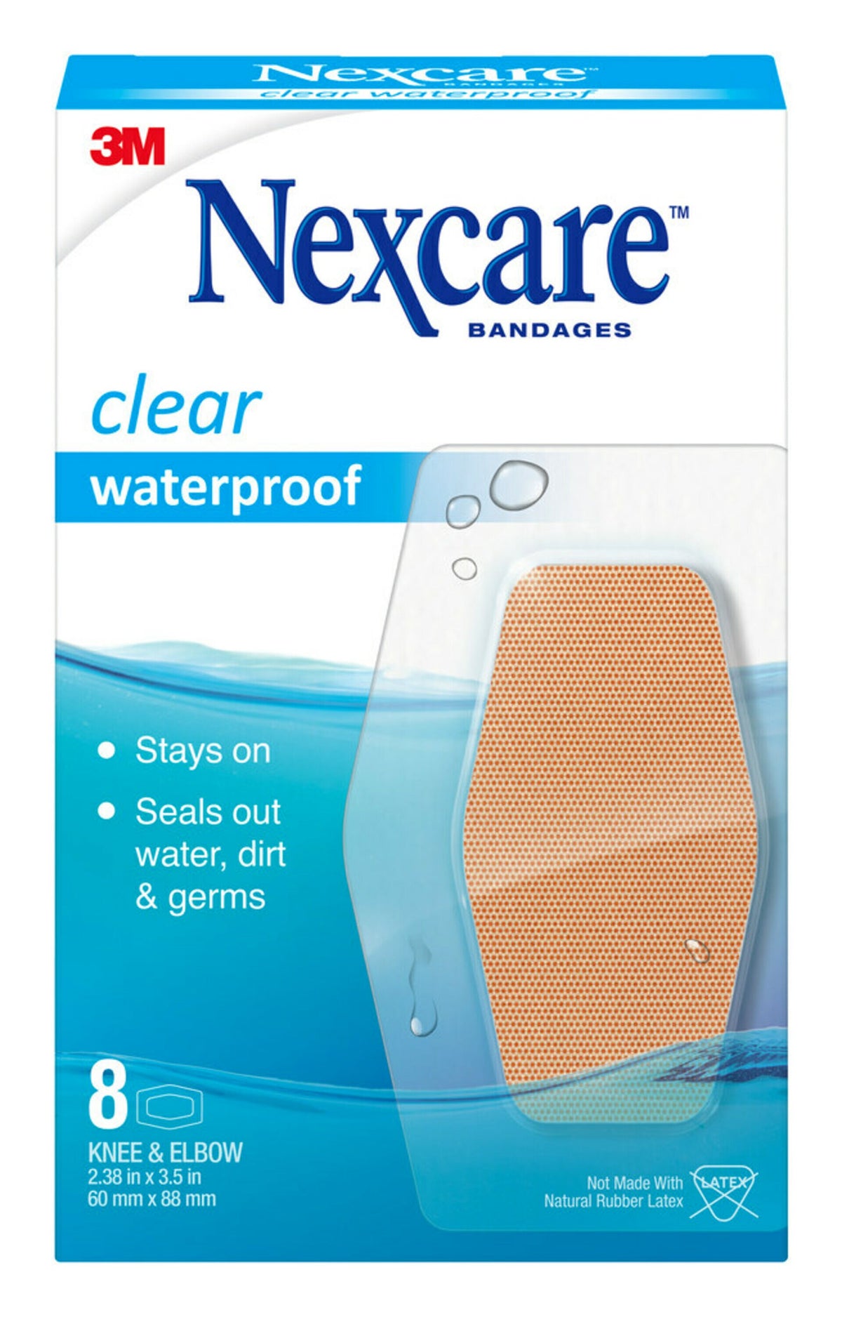 Nexcare Waterproof Bandage Knee and Elbow, Clear, 8 ct, BX/8