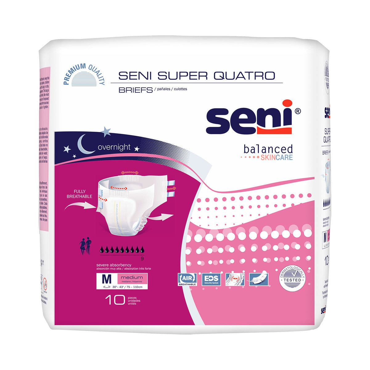 Seni® Super Quatro Severe Absorbency Incontinence Brief, Medium, PK/10