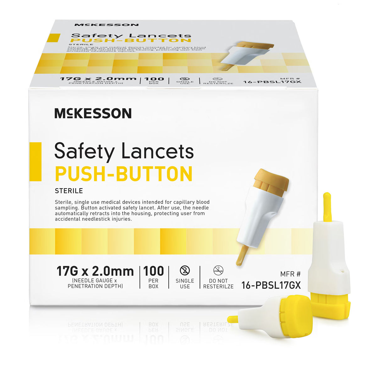 McKesson Push Button Safety Lancet, 17G x 2.0mm, BX/100