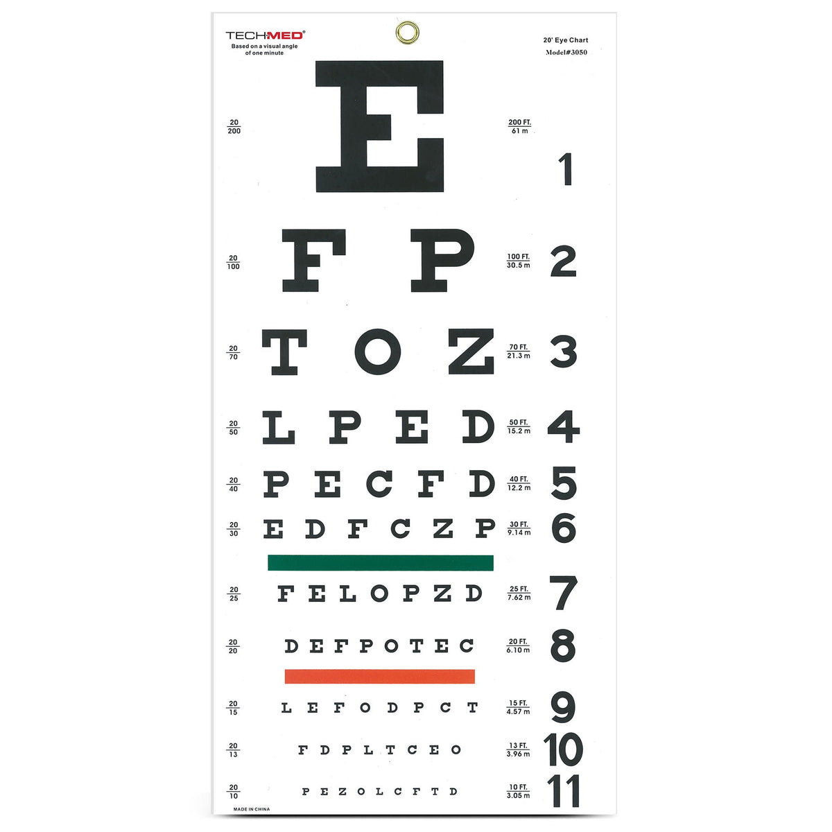 Tech-Med® Snellen Eye Test Chart, Wall Mounted, Matte Finish, 11 x 22 Inch, EA/1