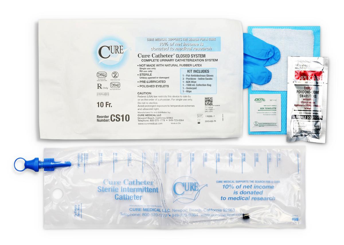 Cure Catheter Closed System Kit, Unisex, Straight Tip with Integrated 1500mL Collection Bag, 10 FR