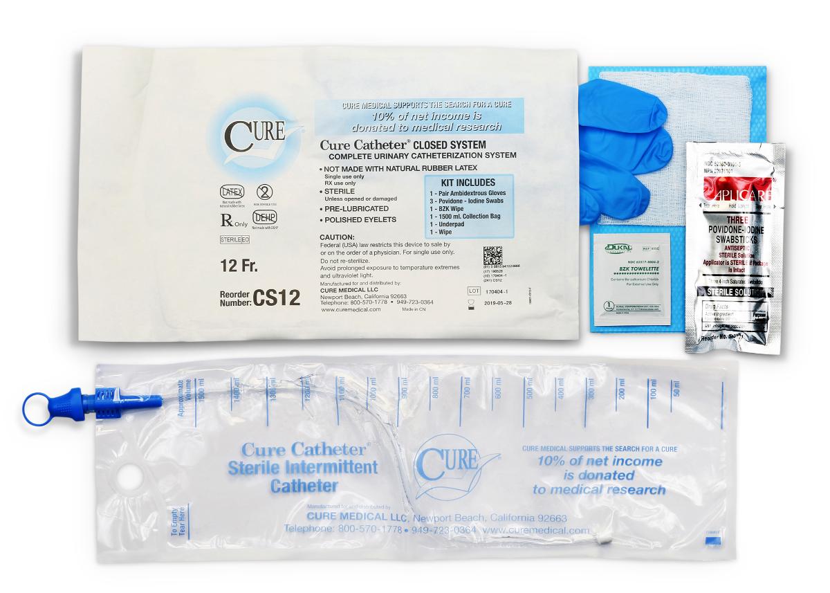 Cure Catheter Closed System Kit, Straight Tip with Integrated 1500mL Collection Bag, 12 FR