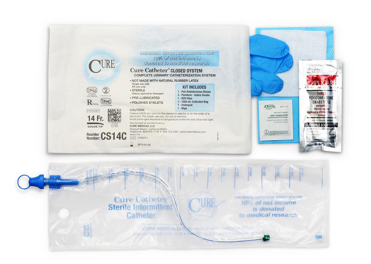 Cure Catheter Closed System Kit, Unisex, Coude Tip with Integrated 1500 mL Collection Bag, 14 FR, EA/1