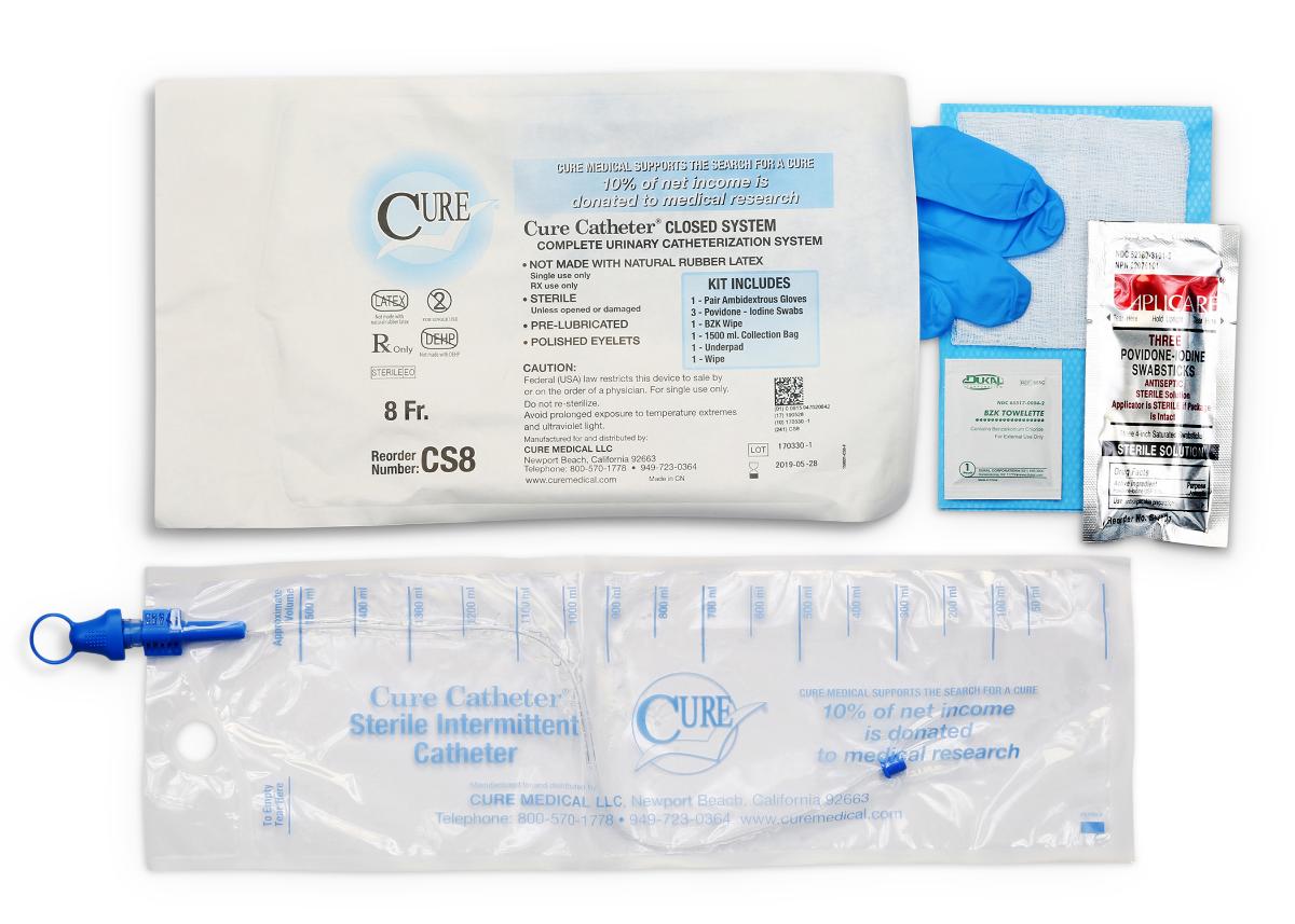 Cure Catheter Closed System Kit, Unisex, Straight Tip with Integrated 1500mL Collection Bag, 8 FR