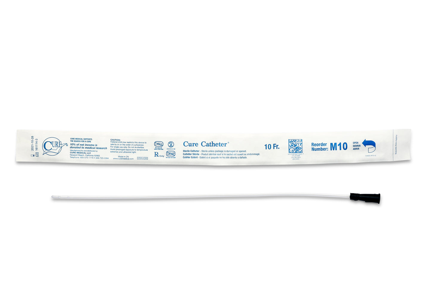 Cure Catheter Uncoated, Single, Male, 16" Straight Tip, 10 FR