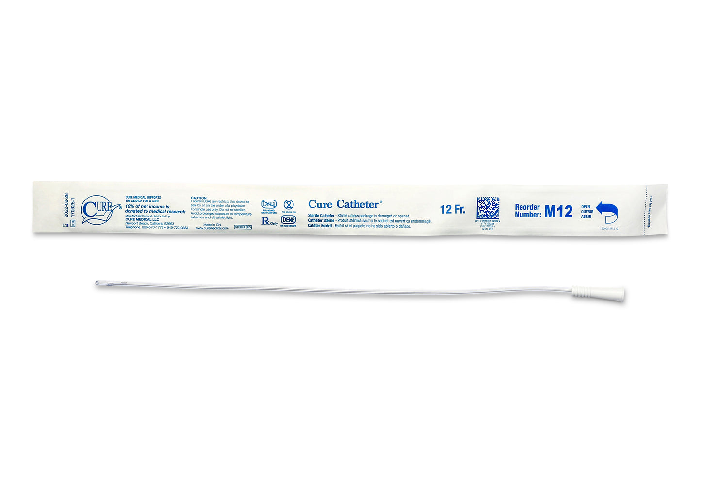 Cure Catheter Uncoated, Single, Male, 16" Straight Tip, 12 FR