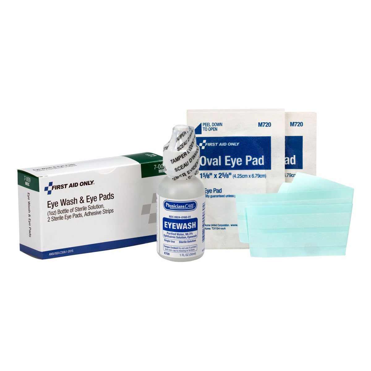 EYE FLUSH KIT, W/1OZ EYEWASH/EYE PADS/ADH STRIPS (30/CS), EA/1