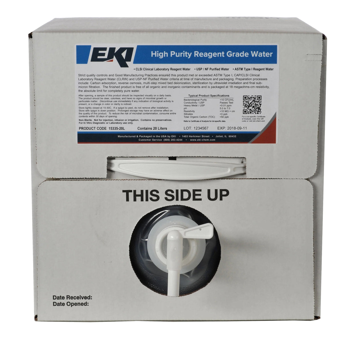 Ek Industries Inc Deionized Water Chemistry Reagent, 20 Liter Cubitainer®, EA/1