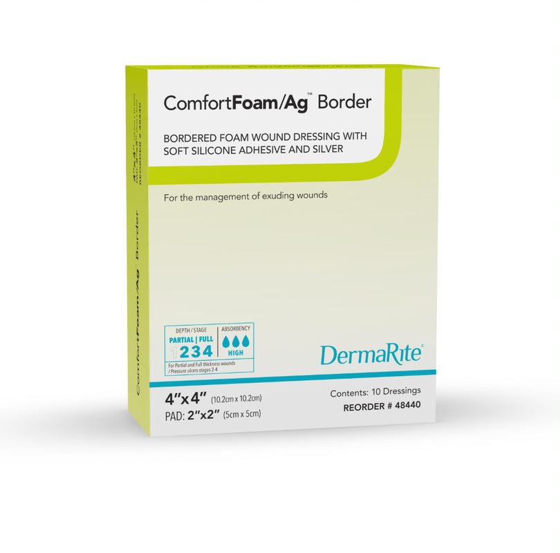 ComfortFoam Bordered Foam Wound Dressing with Silver and Soft Silicone Adhesive, 4" x 4", EA/1
