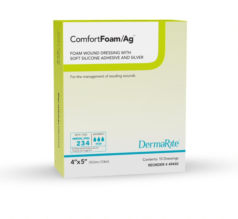 ComfortFoam Foam Wound Dressing with Silver and Soft Silicone Adhesive, 4" x 5"