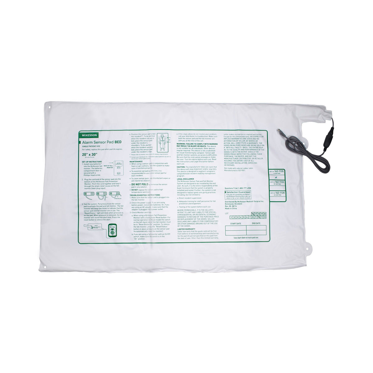 McKesson Bed Alarm Sensor Pad, 20 x 30 Inch, EA/1