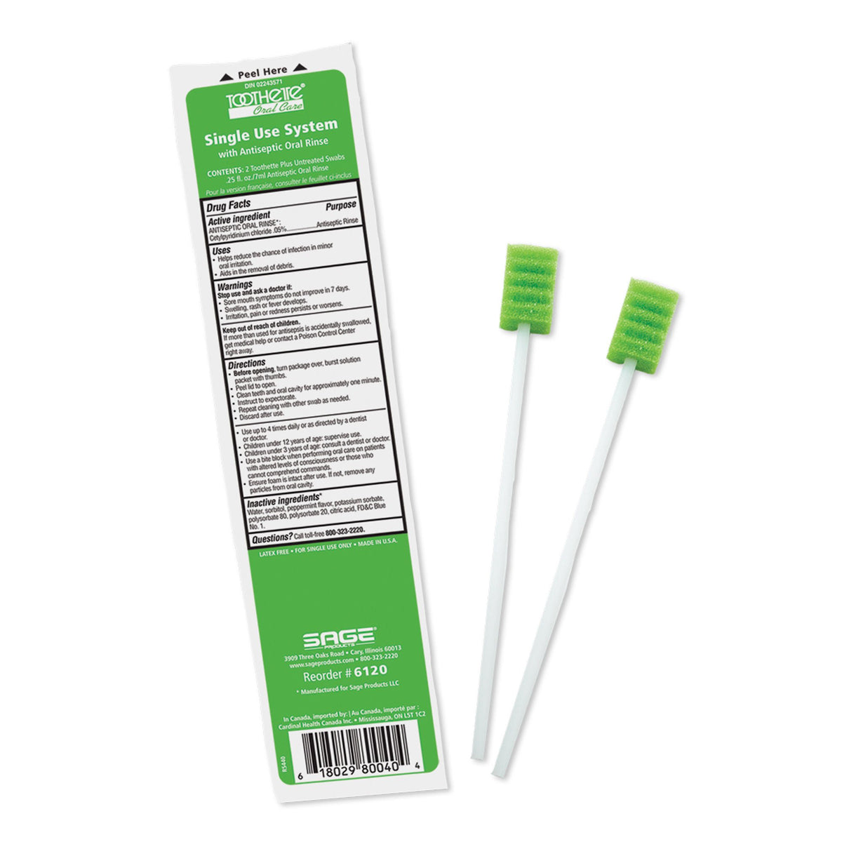 Sage Oral Swabstick Toothette Plus Foam Tip, Cetylpyridinium Chloride .05%, BX/50