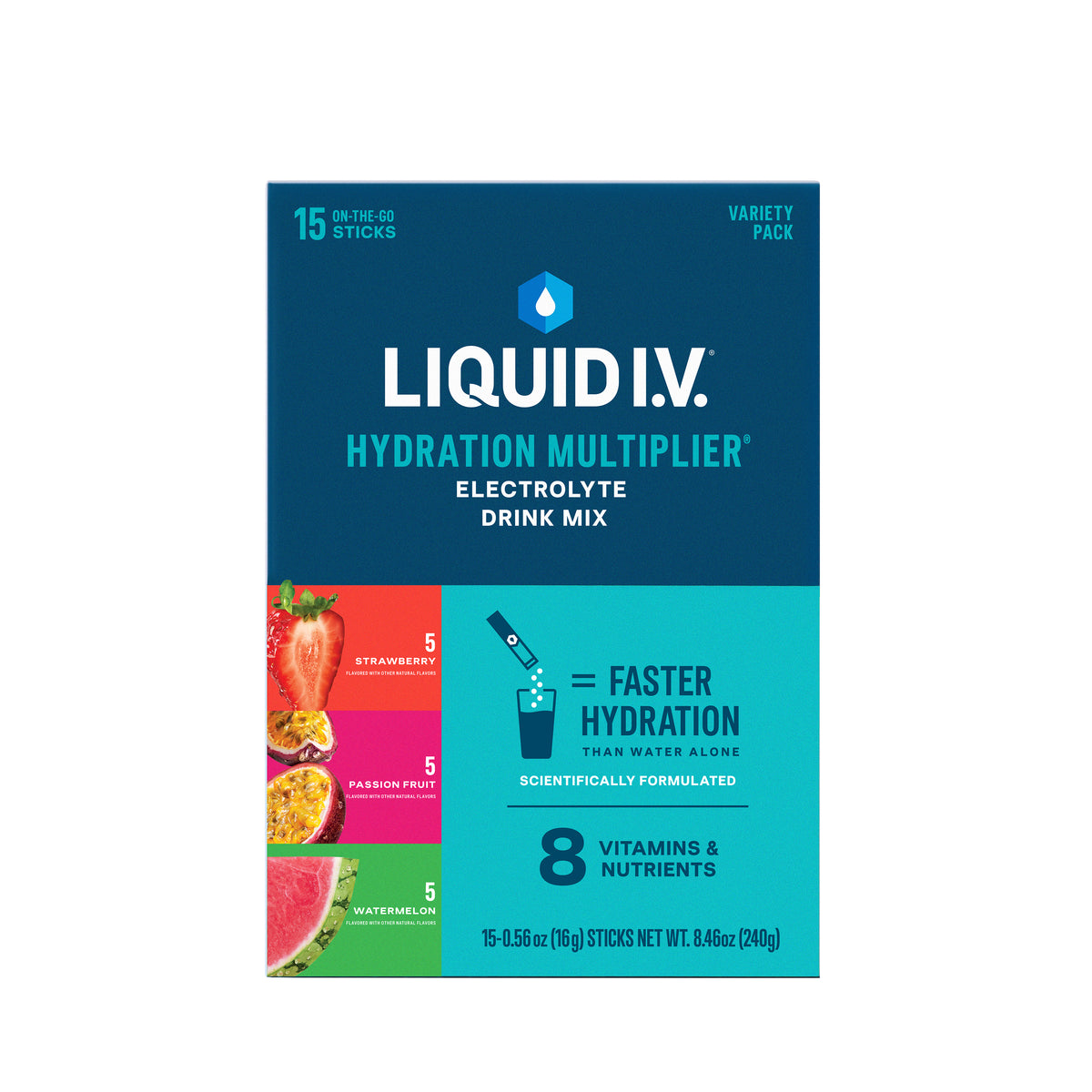Liquid IV Electrolyte Drink Mix, Variety Pack (Strawberry, Passionfruit, Watermelon), 15 ct, BX/15