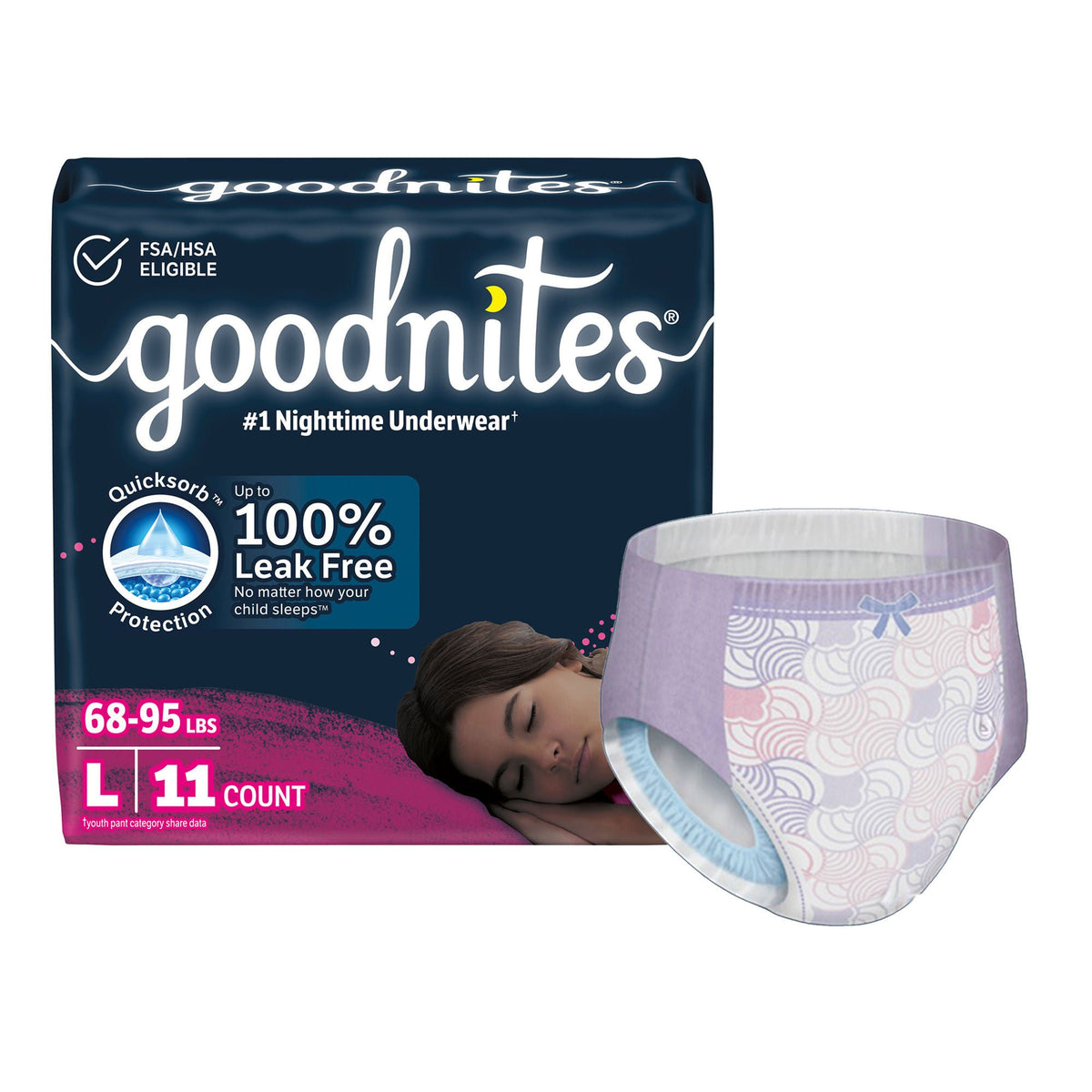 GoodNites® Night Time Underwear, Large for Girls weighing 68 – 95 lbs., PK/11