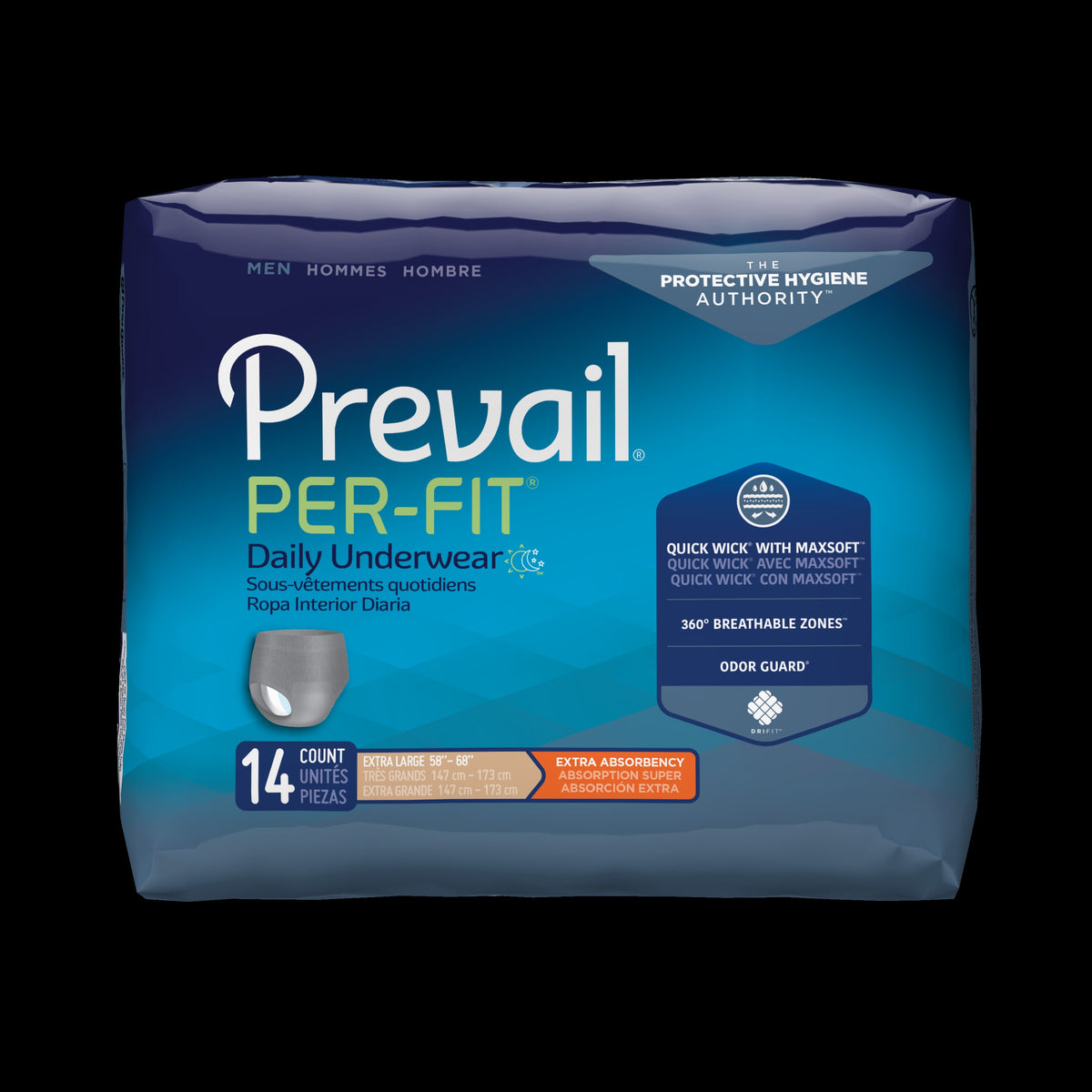 Prevail Per-Fit Protective Underwear for Men, Gray, X-Large fits 58" - 68", PK/14
