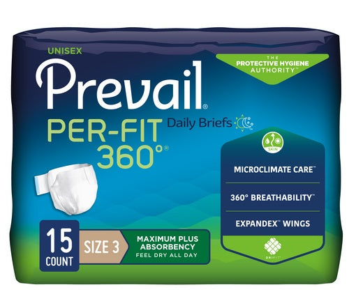 Prevail Per-Fit 360 Incontinence Briefs, Maximum Plus Absorbency, Size 3/ X-Large 58" - 70" - REPLACES: FQPFNG014, PK/15