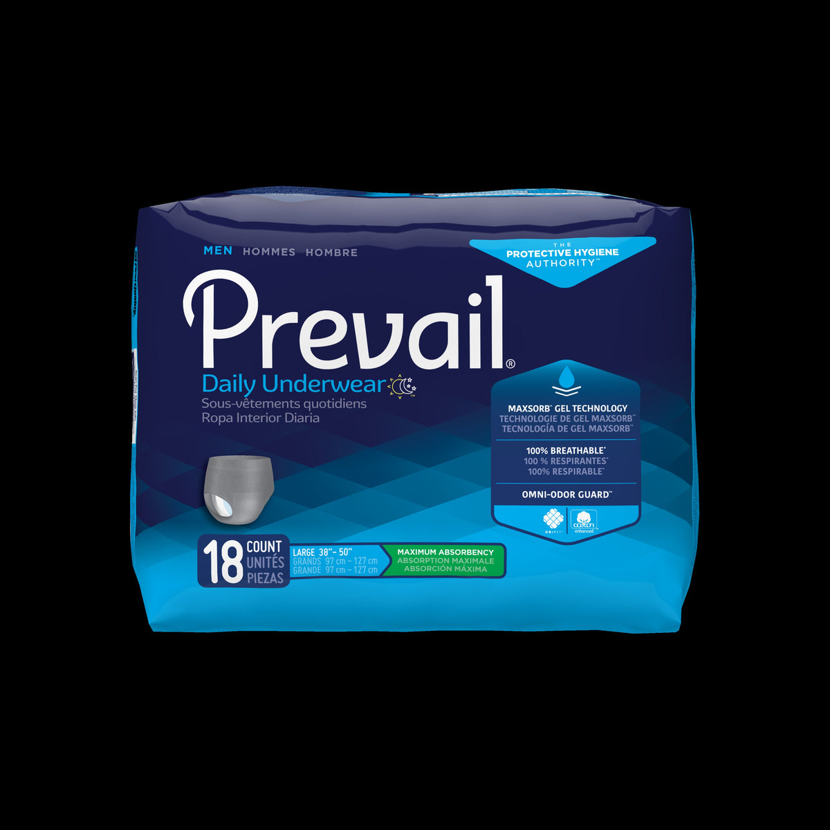 Prevail Underwear for Men, Large, 38" - 50", Maximum Absorbency, PK/18
