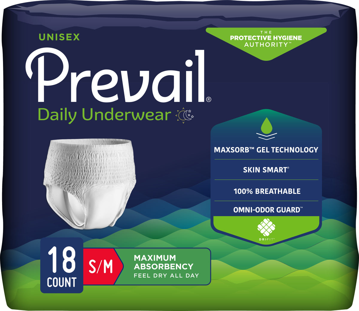 Prevail Super Plus Underwear, Small/Medium, 34" - 46", PK/18