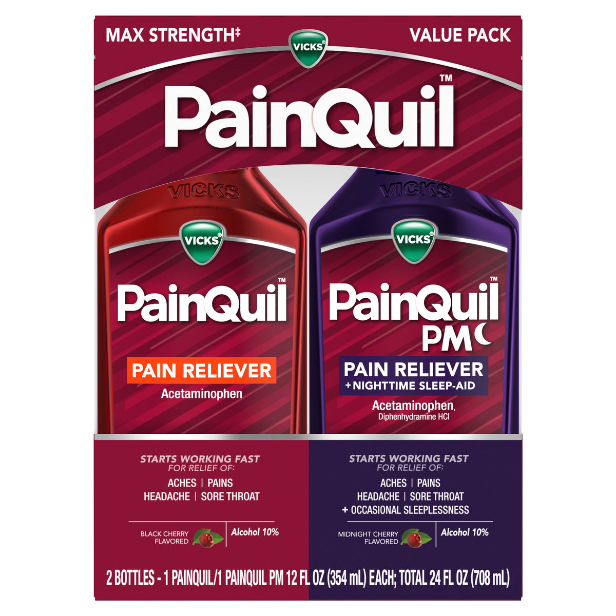 Vicks PainQuil Pain Relief Liquid Acetaminophen, 1000mg, Day/Night Combo, 2x12oz, EA/1