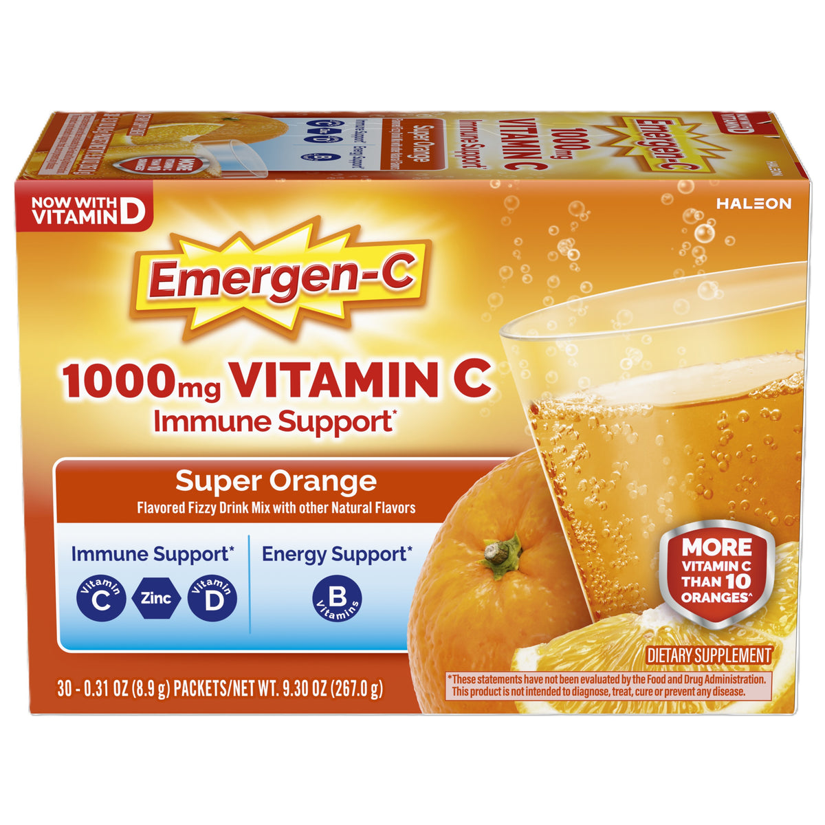 Emergen-C 1000mg Vitamin C Powder for Daily Immune Support Caffeine Free Vitamin C Supplements with Zinc and Manganese, B Vitamins and Electrolytes, Super Orange Flavor - 30 Count