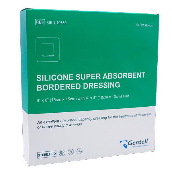 Gentell Silicone Super Absorbent Bordered Dressing, 6" x 6", EA/1