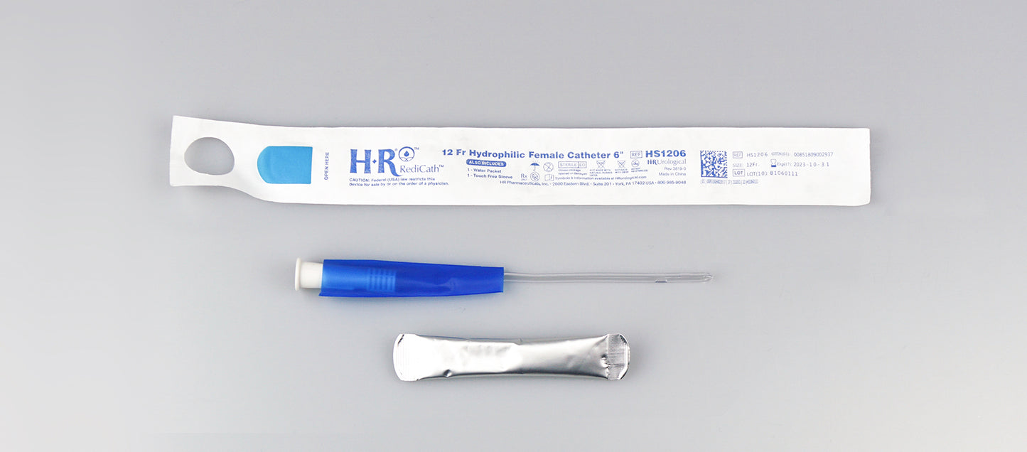 TruCath Hydrophilic Catheter with water bag and touch free sleeve, 12FR, 6"