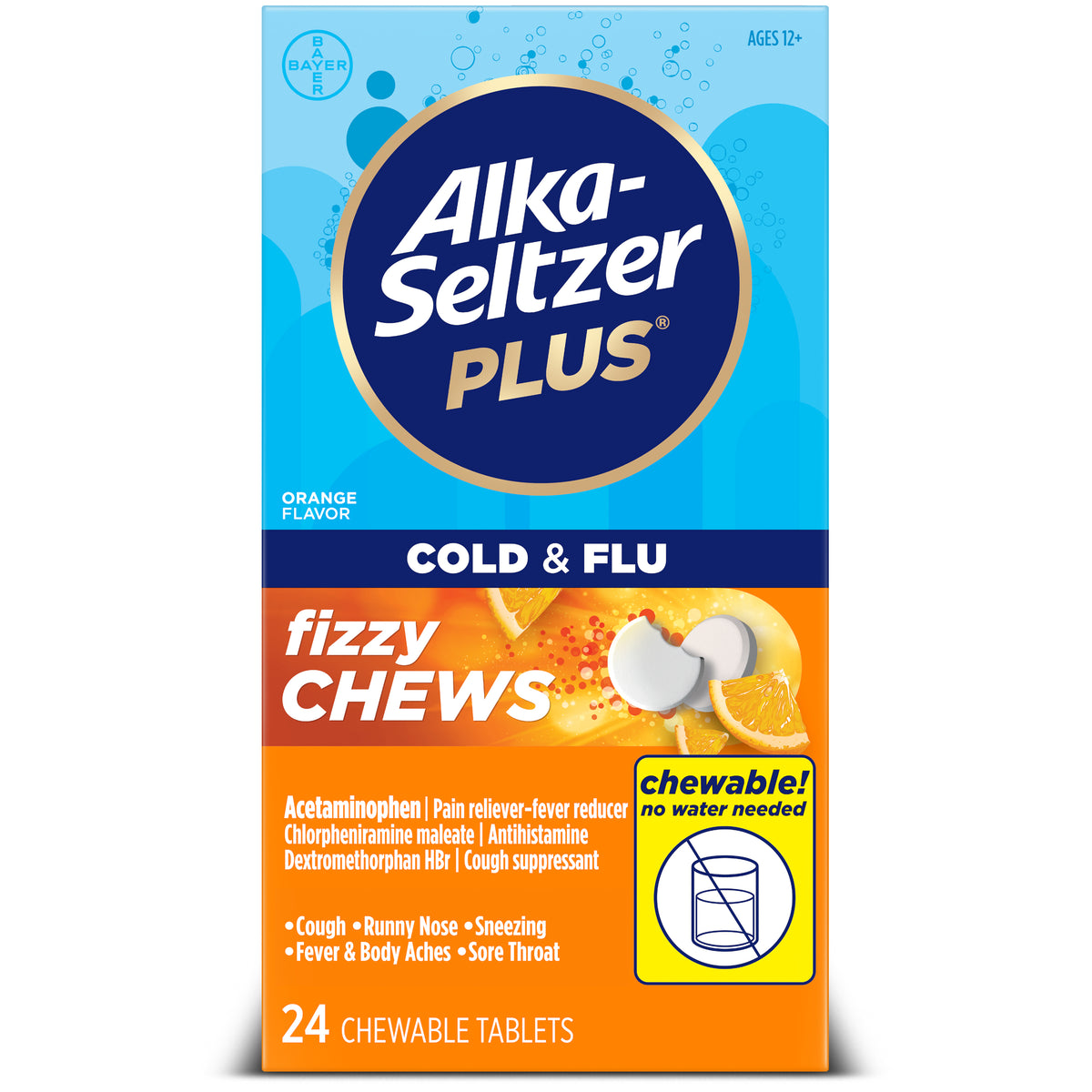 Alka-Seltzer Plus Fizzy Chews Cold & Flu Tablets, Orange, 24 CT
