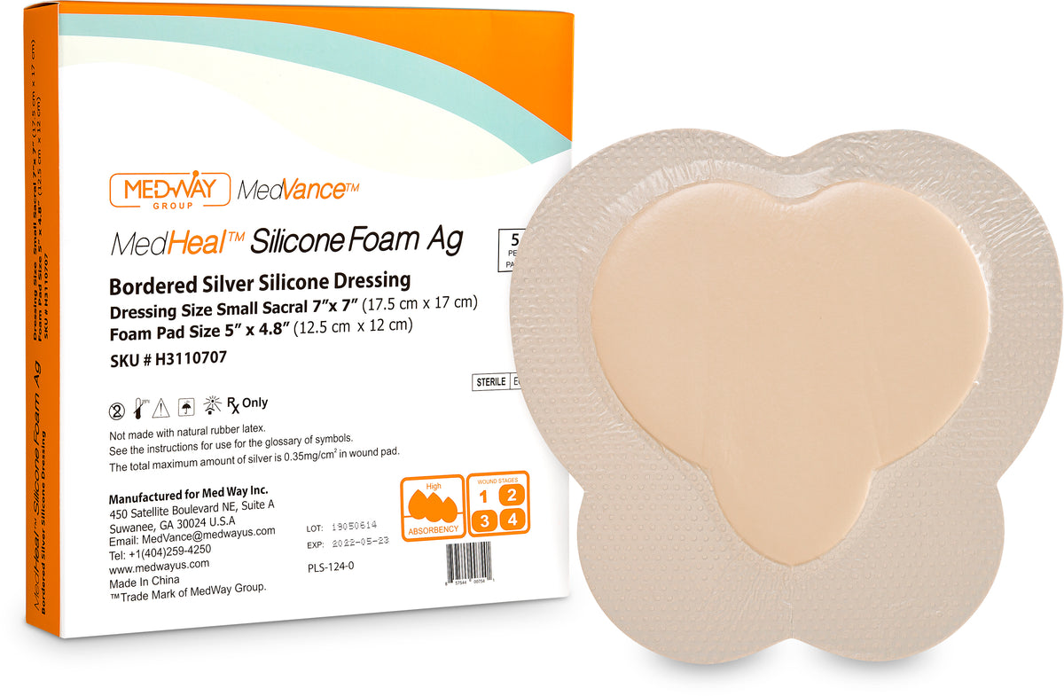 CuraVance Bordered Silver Silicone Foam Sacral 7" X 7" Dressing, 5" X 5" Pad