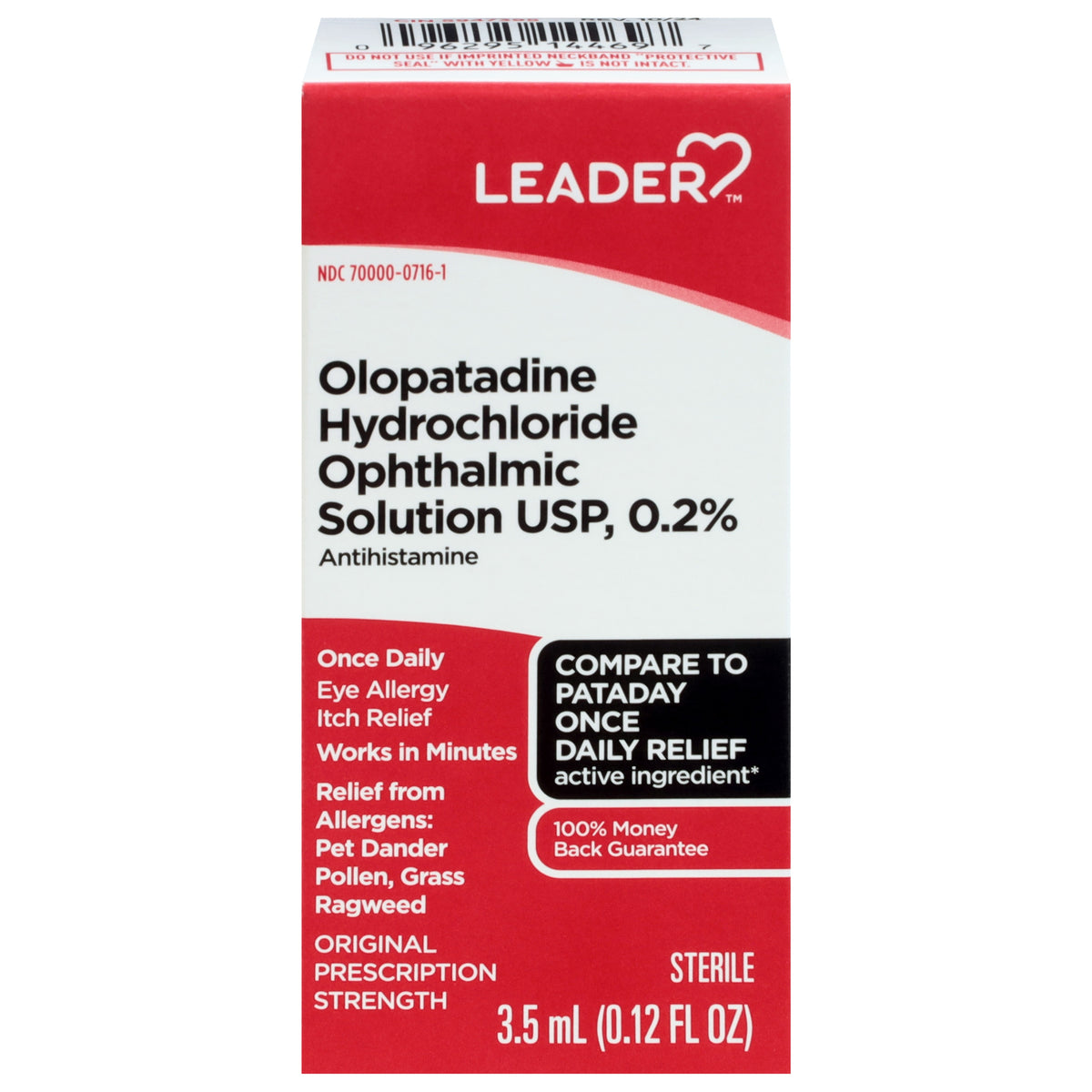 Leader Once Daily Olopatadine HCl Ophthalmic Solution, 0.2%, Liquid Drops, 3.5ml (Compare To Pataday)