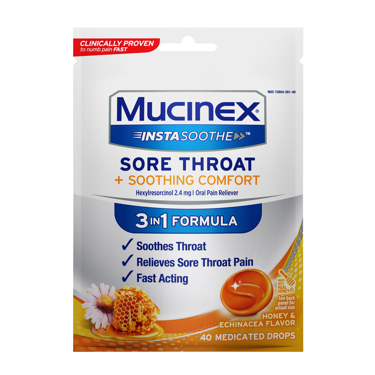 Mucinex InstaSoothe Sore Throat + Pain Relief, Honey & Echinacea, 40 ct