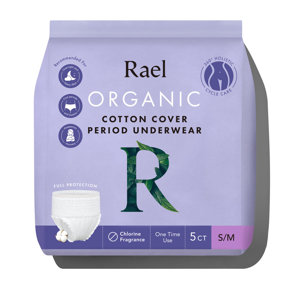 Rael Organic Cotton Cover Period Underwear, (S-M), 5 ct, PK/5