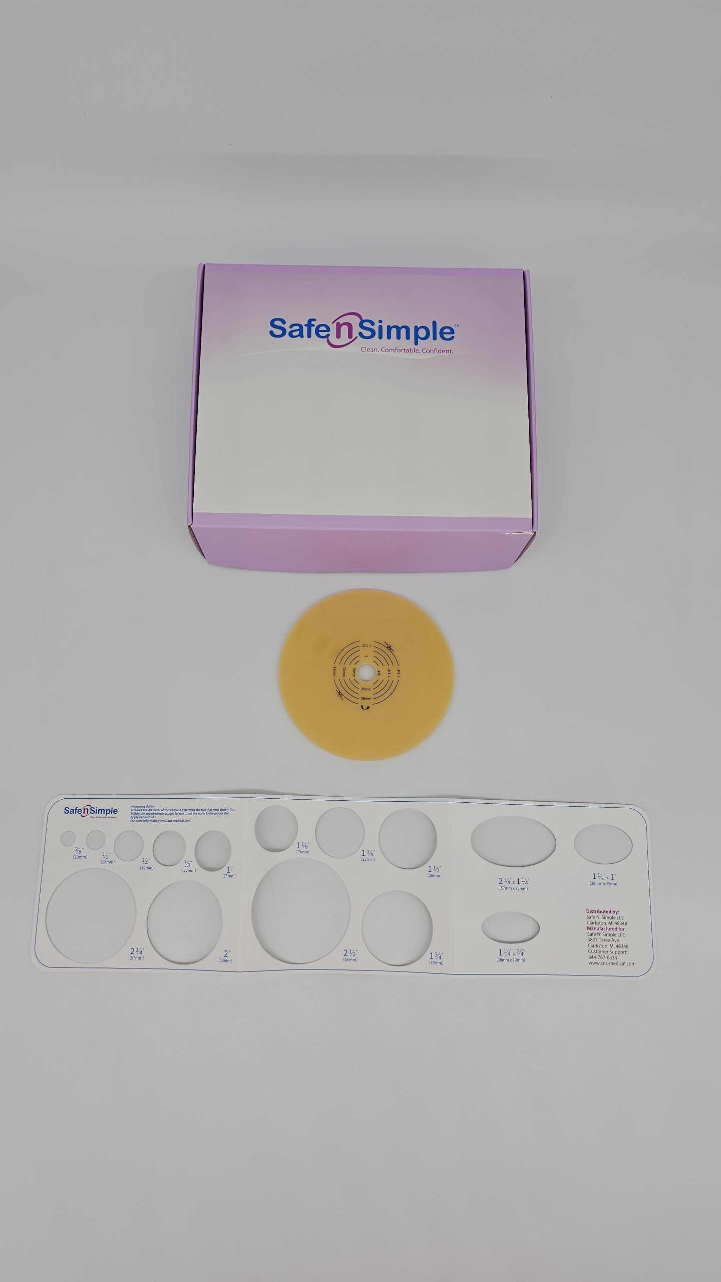 Safe N Simple 4" Diameter 2-Piece Round Wafer, Standard Wear, Solid Hydrocolloid, 57mm, 2-1/4" Flange Cut-to-Fit