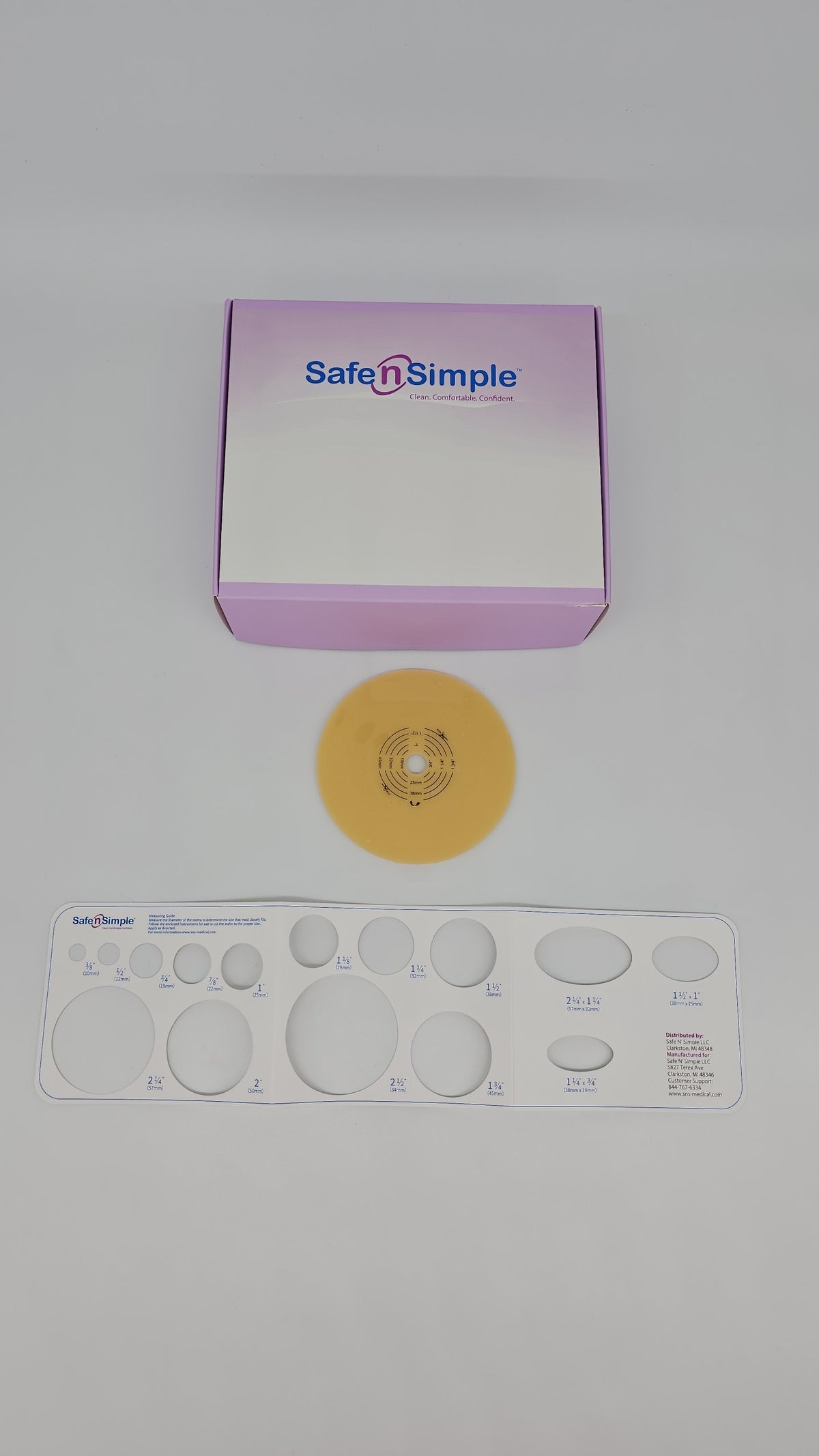 Safe N Simple 4" Diameter 2-Piece Round Wafer, Standard Wear, Solid Hydrocolloid, 57mm, 2-1/4" Flange Cut-to-Fit