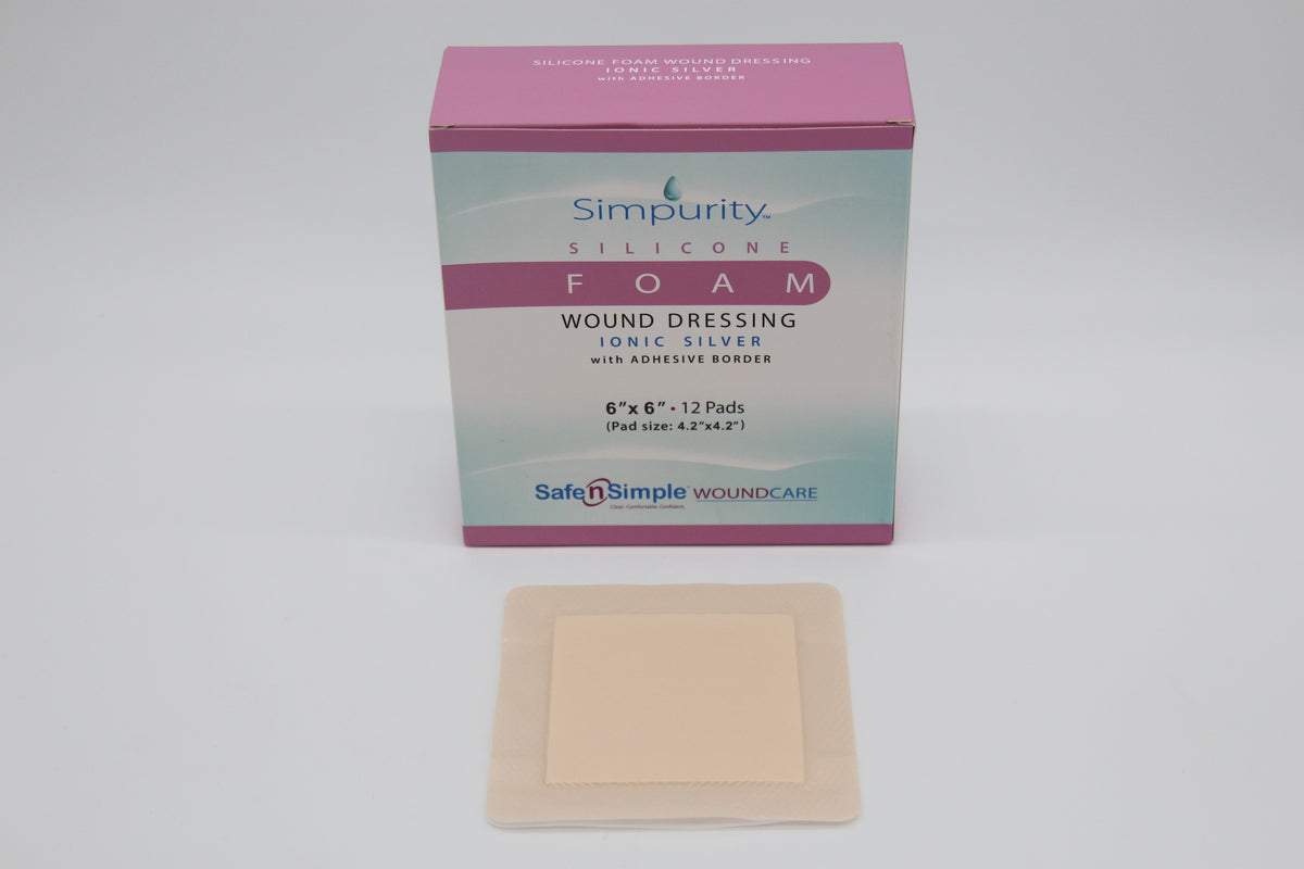 Safe N Simple Simpurity 5 Layer Bordered Silicone Foam Dressing with Silver, 4" x 4" Pad Size, 6" x 6" Overall Size including