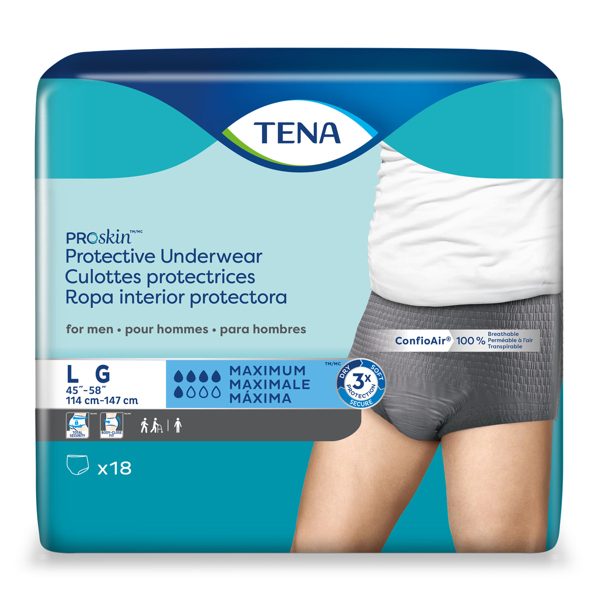 TENA ProSkin Protective Underwear for Men L, 45" - 58"., PK/18